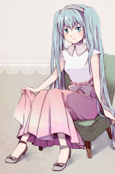 Rule 34 | 1girl, blush, chair, character request, full body, green eyes, green hair, hairband, high heels, kakitabetai, long hair, long skirt, matching hair/eyes, shoes, short sleeves, sitting, skirt, smile, solo, twintails
