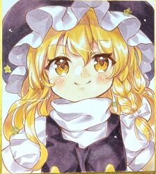 Rule 34 | 1girl, blonde hair, blush, braid, closed mouth, commentary request, hair between eyes, hair ribbon, hat, highres, kirisame marisa, long hair, looking at viewer, mimi (mimi puru), ribbon, shikishi, simple background, solo, split mouth, straight-on, touhou, traditional media, tress ribbon, turtleneck, upper body, witch hat, yellow eyes