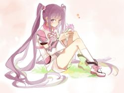 Rule 34 | 1girl, bad id, bad pixiv id, blush, boots, buun ko, detached sleeves, flower, holding, long hair, looking at viewer, official alternate costume, own hands together, purple eyes, purple hair, shorts, sitting, solo, sophie (tales), tales of (series), tales of graces, twintails, very long hair, white legwear, white shorts