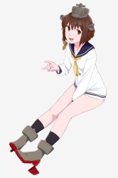 Rule 34 | 10s, 1girl, between legs, boom microphone, boots, brown eyes, brown hair, dress, full body, hand between legs, hand up, headgear, headset, high heel boots, high heels, kantai collection, legs together, looking at viewer, neckerchief, ojipon, open mouth, sailor dress, short hair, simple background, sitting, smile, socks, solo, yukikaze (kancolle)