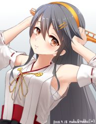 Rule 34 | aiguillette, bare shoulders, black hair, blush, breasts, dated, detached sleeves, gradient background, hair between eyes, hair ornament, hairband, hairclip, haruna (kancolle), highres, japanese clothes, kantai collection, long hair, medium breasts, nuka (nvkka), one-hour drawing challenge, red eyes, solo