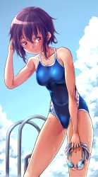 Rule 34 | 1girl, arena (company), black hair, blue sky, blue one-piece swimsuit, breasts, cloud, competition school swimsuit, day, goggles, unworn goggles, leaning forward, logo, medium breasts, mendou saya, one-piece swimsuit, one-piece tan, original, pool ladder, red eyes, school swimsuit, short hair, sky, solo, standing, swim cap, unworn swim cap, swimsuit, tan, tanline