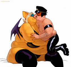 Rule 34 | 1boy, 1girl, animal ears, arm hair, armband, bat ears, bat girl, bat wings, belly, big belly, black bra, black hair, black headwear, black panties, black pants, black thighhighs, blue eyeshadow, body fur, bra, breasts, chest hair, eyeshadow, facial hair, fat, fat man, fat rolls, furry, furry female, groping, hat, hetero, huge breasts, kiss, leather, leather pants, lipstick mark, makeup, mustache, navel, nipples, obese, panties, pants, peaked cap, peppino spaghetti, pizza tower, rouge the bat, sitting, sonic (series), thick arms, thighhighs, totesfleisch8, underwear, white background, white fur, wings, yellow fur