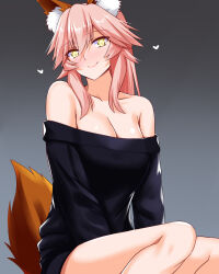 Rule 34 | 1girl, animal ear fluff, animal ears, black sweater, blush, breasts, casual, cleavage, collarbone, dress, engo (aquawatery), fate/grand order, fate (series), fox ears, fox girl, fox tail, gradient background, heart, highres, large breasts, long hair, looking at viewer, off-shoulder sweater, off shoulder, pink hair, smile, solo, sweater, sweater dress, tail, tamamo (fate), tamamo no mae (fate/extra), yellow eyes
