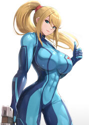 Rule 34 | 1girl, abs, armpit crease, bad anatomy, blonde hair, blue bodysuit, blue eyes, bodysuit, breasts, broad shoulders, covered abs, covered navel, directed-energy weapon, energy gun, energy weapon, gonzarez, gun, hairband, highres, holding, holding gun, holding weapon, huge breasts, impossible clothes, linea alba, lips, long hair, looking at viewer, metroid, mole, mole under mouth, muscular, muscular arms, muscular female, muscular legs, narrow waist, navel, nintendo, ponytail, red hairband, samus aran, simple background, skin tight, skin tight, smile, solo, thick thighs, thighs, third-party edit, thumbs up, two-tone bodysuit, upper body, very long hair, weapon, white background, zero suit