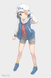 Rule 34 | 1girl, artist name, blue eyes, blue footwear, breasts, character name, cleavage, commentary request, full body, grey background, grey hair, grey shorts, grin, hat, headwear writing, highres, honorikiti, jacket, looking at viewer, love live!, love live! school idol festival, love live! sunshine!!, one eye closed, salute, shoes, shorts, simple background, smile, sneakers, socks, solo, watanabe you, yellow socks