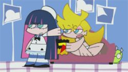 Rule 34 | 10s, 2girls, animated, animated gif, blonde hair, blue eyes, blue hair, chibi, chuck (psg), fire, lowres, multicolored hair, multiple girls, panty &amp; stocking with garterbelt, panty (psg), pantyhose, screencap, sitting, standing, stocking (psg), striped clothes, striped legwear, striped pantyhose, thighhighs