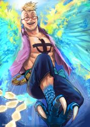 Rule 34 | 1boy, anchor tattoo, bare pectorals, blonde hair, blue fire, blue wings, fiery wings, fire, flying, glasses, harpy boy, highres, male focus, marco (one piece), monster boy, muscular, muscular male, one piece, pectorals, short hair, sige 94, smile, solo, talons, tattoo, wings