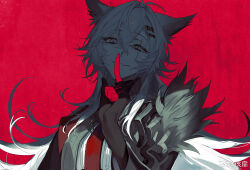 1girl animal_ear_fluff animal_ears arknights artist_name black_jacket colored_extremities commentary crossed_bangs evil_grin evil_smile finger_to_mouth floating_hair grey_eyes grin hair_between_eyes hair_ornament hairclip half-closed_eyes hand_up head_tilt high_collar index_finger_raised jacket kaifei_(kaifei_29) lappland_(arknights) lappland_the_decadenza_(arknights) long_hair long_sleeves looking_at_viewer messy_hair necktie parted_lips red_background red_necktie red_pupils scar scar_across_eye scar_on_face shade shushing smile solo symbol-only_commentary upper_body watermark weibo_logo weibo_watermark wolf_ears wolf_girl