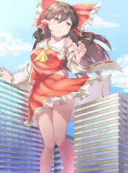 Rule 34 | 1girl, absurdres, artist request, ascot, blue sky, bow, brown eyes, brown hair, building, cloud, detached sleeves, frilled bow, frilled skirt, frills, giant, giantess, hair between eyes, hair bow, hair tubes, hakurei reimu, highres, long hair, long sleeves, nontraditional miko, panties, red bow, red skirt, ribbon-trimmed sleeves, ribbon trim, sidelocks, skirt, skirt set, sky, solo, standing, touhou, underwear, white panties, wide sleeves, yellow ascot
