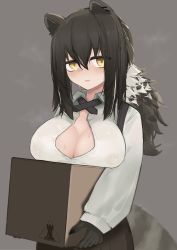 Rule 34 | 1girl, animal ears, arknights, black hair, black skin, blush, box, breast rest, breasts, cardboard box, carried breast rest, carrying, cleavage, colored skin, cow, grey background, hair between eyes, highres, kitorakito, large breasts, long hair, long sleeves, looking at viewer, no bra, open mouth, ponytail, raccoon ears, raccoon girl, raccoon tail, rhodes island logo (arknights), robin (arknights), shirt, simple background, solo, tail, white shirt, yellow eyes