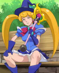 Rule 34 | 1girl, bench, blue gloves, boots, bow, earrings, gloves, green eyes, haruyama kazunori, hat, heart, heart earrings, jeanne d&#039;arc (time bokan 24), jewelry, long hair, magical girl, orange hair, panties, pantyshot, parted lips, sitting, solo, thigh boots, thighhighs, time bokan (series), time bokan 24, tree, twintails, underwear, witch hat