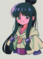 Rule 34 | 1girl, ace attorney, black hair, capelet, commentary request, cropped torso, grey background, hair bun, hair ornament, half updo, highres, hood, hooded capelet, japanese clothes, jewelry, kimono, long hair, looking at viewer, magatama, magatama necklace, maya fey, menma (enaic31), necklace, open mouth, parted bangs, purple eyes, sidelocks, simple background, single hair bun, smile, solo, twitter username, upper body, white capelet, white kimono