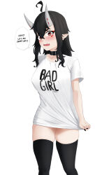 Rule 34 | 1girl, absurdres, ahoge, ameiarts, artist name, black hair, black nails, black thighhighs, blush, clothes writing, collar, collarbone, english text, highres, jewelry, long hair, looking at viewer, nail polish, no pants, oni, open mouth, orange eyes, original, ring, shirt, short sleeves, simple background, solo, speech bubble, teeth, thighhighs, upper teeth only, white background, white shirt, wilted ahoge, zettai ryouiki
