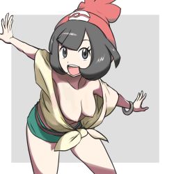 Rule 34 | 10s, 1girl, beanie, black eyes, black hair, blunt bangs, bracelet, breasts, brown hair, bule, collarbone, creatures (company), downblouse, extended downblouse, female focus, game freak, hanging breasts, hat, jewelry, looking at viewer, medium breasts, nintendo, nipples, no bra, open mouth, outstretched arms, oversized clothes, oversized shirt, pokemon, pokemon sm, red hat, selene (pokemon), shirt, short hair, short shorts, shorts, skirt, smile, solo, t-shirt, tied shirt