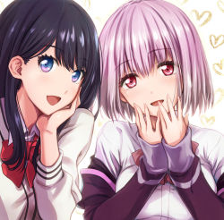 Rule 34 | 10s, 2girls, :d, black hair, blue eyes, bow, bowtie, breasts, cardigan, collared shirt, commentary request, gridman universe, hand up, hands up, head rest, head tilt, heart, jacket, large breasts, long hair, long sleeves, looking at viewer, multiple girls, off shoulder, open mouth, pink hair, purple jacket, red eyes, red neckwear, shinjou akane, shirt, short hair, side-by-side, simple background, sleeves past wrists, smile, ssss.gridman, takarada rikka, ueda metawo, upper body, white background, white shirt