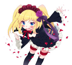 Rule 34 | 1girl, anyamal tantei kirumin zoo, bad id, bad pixiv id, bat wings, bent over, blonde hair, blue eyes, fang, gothic lolita, hair ornament, hairband, hatori kanon, lolita fashion, lolita hairband, looking at viewer, mirei, open mouth, petals, solo, two side up, wings
