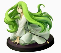 Rule 34 | 1boy, abaishumei, androgynous, bad id, bad pixiv id, enkidu (fate), fate/strange fake, fate (series), faux figurine, green eyes, green hair, highres, kneeling, long hair, male focus, matching hair/eyes, solo, trap, very long hair, white background