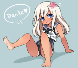 Rule 34 | 10s, 1girl, :d, bad id, bad pixiv id, barefoot, blonde hair, blue eyes, crop top, flower, german text, hair flower, hair ornament, haniwagi (hal), kantai collection, long hair, one-piece tan, open mouth, ro-500 (kancolle), sailor collar, school swimsuit, sitting, smile, swimsuit, swimsuit under clothes, tan, tanline, text focus, translated