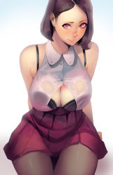 Rule 34 | 1girl, arms behind back, bare arms, bare shoulders, black bra, blush, bra, breasts, cleavage, collared shirt, dress shirt, frills, highres, large breasts, miniskirt, open clothes, open shirt, original, pink lips, pleated skirt, purple eyes, see-through, shirt, short hair, sitting, skirt, sleeveless, sleeveless shirt, solo, strap, thighhighs, unbuttoned, unbuttoned shirt, underwear, white shirt, yeedee
