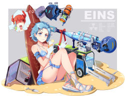 Rule 34 | 2girls, absurdres, anger vein, bikini, blue bikini, blue eyes, blue hair, blush, breasts, character name, cleavage, cocktail, cola, commentary request, drink, drinking, drinking straw, food, frederica nikola tesla, frilled bikini, frills, fruit, gloves, hair ornament, hairclip, highres, holding, holding drink, honkai (series), honkai impact 3rd, jewelry, lemon, lemon slice, lieserl albert einstein, medium breasts, messy hair, multiple girls, necklace, red hair, refrigerator, robot, sand, shovel, sitting, solo focus, surfboard, swimsuit, white gloves, youmi kong xiang