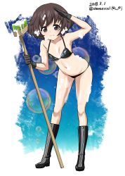 Rule 34 | 10s, 1girl, absurdres, akiyama yukari, bikini, black bikini, black footwear, black gloves, blue background, boots, breasts, broom, brown eyes, brown hair, cleaning brush, cleavage, closed mouth, commentary request, dated, full body, girls und panzer, gloves, highres, holding, logo, looking at viewer, medium breasts, messy hair, navel, one-hour drawing challenge, outside border, salute, shiina excel, short hair, smile, soap, soap bubbles, solo, standing, swimsuit, twitter username, v-shaped eyebrows, zipper