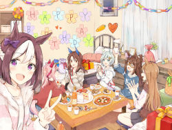 Rule 34 | 6+girls, alternate costume, animal ears, arm up, bed, birthday cake, birthday party, birthday sash, blue eyes, bottle, bow, box, braid, brown hair, cake, casual, closed eyes, cookie, cup, curtains, cushion, desk lamp, disposable cup, domino mask, doughnut, ear covers, el condor pasa (umamusume), english text, food, fork, gift, grass wonder (umamusume), hair ornament, hairclip, happy birthday, haru urara (umamusume), holding, holding cup, holding fork, holding phone, hood, hoodie, horse ears, horse girl, horse tail, indoors, king halo (umamusume), knife, lamp, light brown hair, light green hair, long hair, long sleeves, mask, muffin, multicolored hair, multiple girls, ninjin nouka, open mouth, paper chain, phone, picture frame, pillow, pink hair, pizza, plant, plate, ponytail, potted plant, purple eyes, red eyes, sash, seiun sky (umamusume), shelf, shirt, short hair, shorts, single ear cover, sitting, skirt, special week (umamusume), sweater, sweater vest, table, tail, taking picture, two-tone hair, umamusume, v, white hair, wooden floor