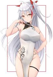 Rule 34 | 1girl, absurdres, alternate costume, armband, azur lane, bad id, bad pixiv id, bare shoulders, breasts, china dress, chinese clothes, closed mouth, covered navel, cowboy shot, dress, folding fan, hair between eyes, hair ornament, hair ribbon, hand fan, hand on own hip, highres, large breasts, long hair, looking at viewer, multicolored hair, nankaichimu, prinz eugen (azur lane), red hair, red ribbon, ribbon, silver hair, sleeveless, smile, solo, streaked hair, thigh strap, two side up, white background, yellow eyes