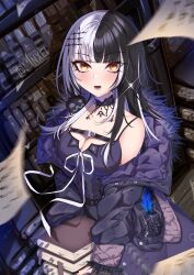 Rule 34 | 1girl, bare shoulders, black dress, black hair, black jacket, black nails, blunt bangs, blush, book, book stack, bookshelf, breasts, choker, cleavage, dress, earrings, fur-trimmed jacket, fur trim, hair ornament, hairclip, highres, hololive, hololive english, jacket, jewelry, long hair, looking at viewer, medium breasts, minxei, multicolored hair, off shoulder, open mouth, shiori novella, shiori novella (1st costume), solo, split-color hair, virtual youtuber, white hair, yellow eyes