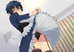 Rule 34 | 1girl, air conditioner, antenna hair, aoi saki, aqua eyes, black panties, blue dress, blue hair, blush, bow, bow panties, breasts, brown thighhighs, clothes lift, curtains, dress, dress lift, dutch angle, frilled skirt, frills, from below, garter straps, hair between eyes, hair ornament, hairclip, indoors, large breasts, lifting own clothes, long sleeves, looking at viewer, nigo (aozoragarou), nose blush, original, panties, puffy long sleeves, puffy sleeves, short hair, skirt, solo, thighhighs, underwear