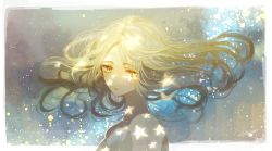 Rule 34 | 1girl, blonde hair, commentary request, floating hair, lens flare, looking at viewer, medium hair, mint5464, orange eyes, original, parted bangs, parted lips, portrait, solo, star (symbol), unamused