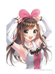 Rule 34 | 1girl, aqua eyes, arm warmers, armpits, arms up, bare shoulders, black neckwear, blue eyes, blush, breasts, brown hair, collarbone, fingernails, hairband, highres, kizuna ai, kizuna ai inc., lips, long hair, looking at viewer, medium breasts, morikura en, multicolored hair, official art, open mouth, page number, pink hair, pink hairband, sailor collar, sideboob, simple background, sleeveless, smile, solo, teeth, upper body, upper teeth only, virtual youtuber, white background