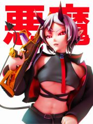 Rule 34 | 1girl, 3d, absurdres, assault rifle, belt, black belt, black jacket, black shorts, breasts, crop top, demon girl, demon tail, grey hair, gun, halterneck, highres, holding, holding gun, holding weapon, horns, indie virtual youtuber, jacket, midriff, navel, open mouth, pointy ears, pwr aftr, red eyes, rifle, rinkya, short hair, short shorts, shorts, solo, tail, underboob, valorant, virtual youtuber, weapon