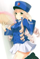Rule 34 | 1022 deadly, 1girl, bc freedom (emblem), bc freedom military uniform, black footwear, blonde hair, blue hat, blue jacket, blue vest, boots, dress shirt, drill hair, emblem, folding fan, girls und panzer, green eyes, hand fan, hat, high collar, holding, holding fan, jacket, kepi, knee boots, leg up, long hair, long sleeves, looking at viewer, marie (girls und panzer), military hat, pleated skirt, shirt, simple background, skirt, smile, solo, standing, standing on one leg, vest, white background, white shirt, white skirt