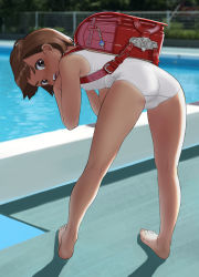 Rule 34 | 1girl, ass, backpack, bag, bare arms, bare legs, bare shoulders, barefoot, bent over, blush, breasts, brown eyes, brown hair, child, commentary request, crocs, from behind, full body, hat, highres, kneepits, legs, looking at viewer, looking back, mu-pyon, one-piece swimsuit, open mouth, original, outdoors, pool, randoseru, red footwear, shoes, short hair, small breasts, solo, swimsuit, tan, tanline, twitter username, uwabaki