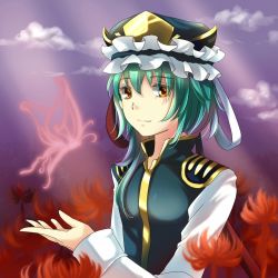 Rule 34 | 1girl, asymmetrical hair, bad id, bad pixiv id, bug, butterfly, flat chest, flower, green hair, hat, hat ornament, bug, long sleeves, looking at viewer, sheeg, shiki eiki, short hair, smile, solo, spider lily, touhou, upper body, vest, yellow eyes