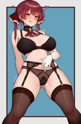Rule 34 | 1girl, :q, absurdres, arm behind back, ascot, black bra, black garter belt, black panties, blush, border, bra, breasts, female pubic hair, garter belt, gloves, heart, heterochromia, highres, hololive, houshou marine, large breasts, looking at viewer, navel, panties, pubic hair, red ascot, red eyes, red hair, solo, thighhighs, thighs, tongue, tongue out, twintails, underwear, underwear only, varniskarnis, virtual youtuber, white border, white gloves
