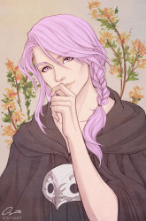 Rule 34 | 1boy, absurdres, braid, braided ponytail, final fantasy, final fantasy xiv, hair over shoulder, highres, hythlodaeus, long hair, looking at viewer, mask, mask around neck, onyrica, pink eyes, pink hair, robe, solo, spoilers, upper body