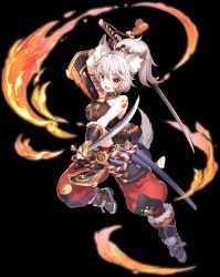 Rule 34 | 1girl, animal ear fluff, animal ears, boots, dual wielding, fang, fingerless gloves, fire, full body, gloves, high ponytail, holding, holding sword, holding weapon, katana, long hair, looking at viewer, open mouth, orange eyes, sheath, silver hair, solo, sword, tail, transparent background, wakizashi, weapon