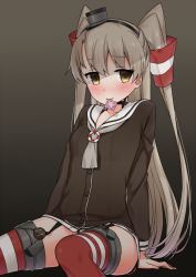 Rule 34 | 1girl, amatsukaze (kancolle), arm support, black choker, black hairband, blush, breasts, brown background, brown dress, brown eyes, choker, closed mouth, collarbone, condom, condom in mouth, condom wrapper, dress, grey neckwear, hair between eyes, hair tubes, hairband, hat, kantai collection, lifebuoy, light brown hair, long hair, long sleeves, looking at viewer, masuishi kinoto, mini hat, mouth hold, red thighhighs, sailor collar, sailor dress, see-through, short dress, sitting, small breasts, smokestack, solo, swim ring, thighhighs, two side up, very long hair, white sailor collar