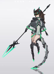 Rule 34 | 1girl, absurdres, android, black capelet, brown hair, capelet, closed mouth, dress, floating, full body, green dress, green eyes, grey background, headpiece, highres, icy02, long hair, mecha musume, mechanical arms, mechanical boots, mechanical tail, original, polearm, ponytail, reflection, science fiction, short dress, simple background, single mechanical arm, solo, spear, tail, thighs, turtleneck, weapon
