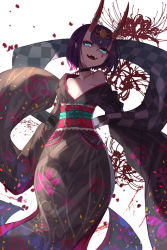 Rule 34 | 1girl, bare shoulders, black kimono, bob cut, breasts, choker, collarbone, dawito, eyeliner, fate/grand order, fate (series), floral print, flower, headpiece, highres, horn ornament, horn ring, horns, japanese clothes, kimono, long sleeves, looking at viewer, lostroom outfit (fate), makeup, obi, off shoulder, oni, open mouth, purple eyes, purple hair, sash, short hair, shuten douji (fate), shuten douji (lostroom outfit) (fate), skin-covered horns, small breasts, smile, solo, spider lily, spider lily print, thighs, wide hips, wide sleeves
