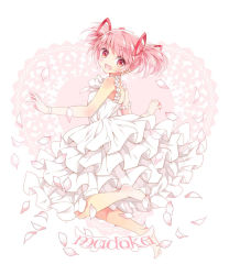 Rule 34 | 10s, 1girl, :d, ayumaru (art of life), bare shoulders, barefoot, character name, choker, doily, dress, frilled dress, frills, from side, full body, gloves, hair ribbon, heart, jumping, kaname madoka, mahou shoujo madoka magica, mahou shoujo madoka magica (anime), open mouth, petals, pink eyes, pink hair, red ribbon, ribbon, short hair, smile, solo, twintails, white background, white dress, white gloves