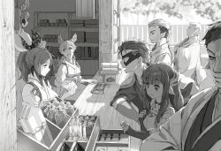 Rule 34 | 4boys, 4girls, age difference, akuta (utawarerumono: lost flag), animal ears, aquaplus, blush, bottle, breasts, cape, closed mouth, crossed arms, elbows on table, from behind, from side, greyscale, hair between eyes, highres, japanese clothes, kimono, large breasts, long hair, long sleeves, looking at another, mahomi, marimoman, mask, medium breasts, minagi (utawarerumono), monochrome, multiple boys, multiple girls, open mouth, pointy ears, ponytail, scar, scroll, short hair, sidelocks, sitting, smile, table, utawarerumono, utawarerumono: lost flag, wrinkled skin
