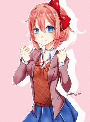 Rule 34 | blue eyes, bow, bruise, closed mouth, cowboy shot, dated, doki doki literature club, hair between eyes, hair bow, hair ornament, hair ribbon, injury, looking at viewer, outline, pink hair, ribbon, sayori (doki doki literature club), school uniform, short hair, simple background, skirt, smile, white outline