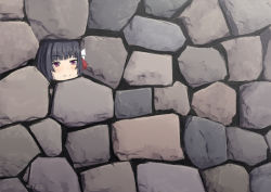 Rule 34 | 1girl, black hair, commentary request, ishigaki (kancolle), kantai collection, misumi (niku-kyu), name connection, object namesake, pun, red eyes, short hair, solo, stone wall, twitter username, wall
