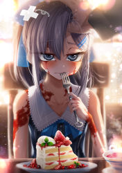 Rule 34 | 1boy, 1girl, backlighting, bare shoulders, blue dress, blue eyes, blue ribbon, blueberry, blush, burn scar, cake, chair, closed mouth, cluseller, collarbone, cream, cup, dorei to no seikatsu ~teaching feeling~, dress, drink, flat chest, food, food on face, fork, fruit, grey hair, hair ornament, hair ribbon, hairclip, half-closed eyes, hand on another&#039;s head, hand up, happy, highres, holding, indoors, lens flare, light particles, long hair, long sleeves, mint, nose blush, plate, ribbon, saucer, scar, sitting, sleeveless, sleeveless dress, smile, solo focus, steam, strawberry, sylvie (dorei to no seikatsu), table, tea, teacup, upper body, utensil in mouth, window
