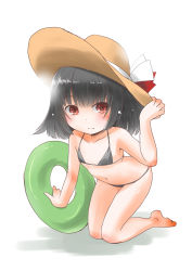 Rule 34 | 1girl, absurdres, all fours, barefoot, bikini, black bikini, black hair, commentary request, flat chest, full body, hair ribbon, hat, highres, innertube, ishigaki (kancolle), kantai collection, looking at viewer, one-hour drawing challenge, red eyes, red ribbon, ribbon, short hair, simple background, smile, solo, sun hat, swim ring, swimsuit, taisinkoku, white background, white ribbon