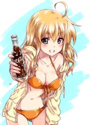 Rule 34 | 1girl, ahoge, arisa bunnings, bikini, blonde hair, bottle, breasts, cleavage, coca-cola, commentary request, cowboy shot, front-tie bikini top, front-tie top, gluteal fold, green eyes, grin, groin, holding, holding bottle, hood, hood down, hoodie, jacket, kuroi mimei, long hair, looking at viewer, lyrical nanoha, mahou shoujo lyrical nanoha strikers, medium breasts, navel, no pants, open clothes, open jacket, smile, soda bottle, solo, standing, swimsuit, water drop, yellow bikini, yellow jacket