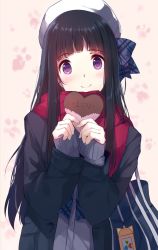 Rule 34 | 1girl, bag, bag charm, black hair, black jacket, blue bow, blunt bangs, blush, bow, caidychen, candy, charm (object), chocolate, chocolate heart, closed mouth, coat, confession, diagonal stripes, food, gift, hair bow, hat, heart, holding, holding gift, jacket, long hair, long sleeves, looking at viewer, pink scarf, pov, purple eyes, scarf, school bag, shoulder bag, sleeves past wrists, smile, solo, striped, striped bow, upper body, white hat
